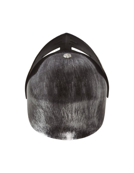 Elmo cavaliere medievale grigio con visiera dorata e dettagli metallici per costume storico