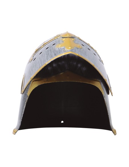 Elmo cavaliere medievale grigio con visiera dorata e dettagli metallici per costume storico