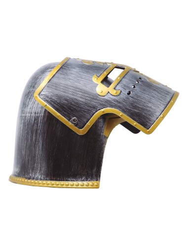Elmo cavaliere medievale grigio con visiera dorata e dettagli metallici per costume storico