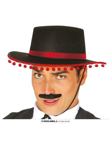 Cappello Cordova nero con fascia rossa e pompon rossi per costume flamenco torero