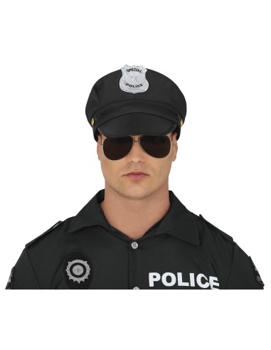 Cappello poliziotto nero in tessuto con distintivo argentato e visiera rigida per costume