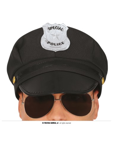 Cappello poliziotto nero in tessuto con distintivo argentato e visiera rigida per costume