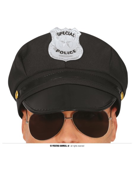 Cappello poliziotto nero in tessuto con distintivo argentato e visiera rigida per costume