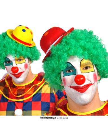 Due clown con mini bombette colorate in feltro, parrucche verdi e trucco colorato per feste