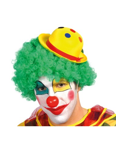 Due clown con mini bombette colorate in feltro, parrucche verdi e trucco colorato per feste
