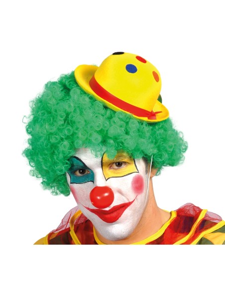 Due clown con mini bombette colorate in feltro, parrucche verdi e trucco colorato per feste