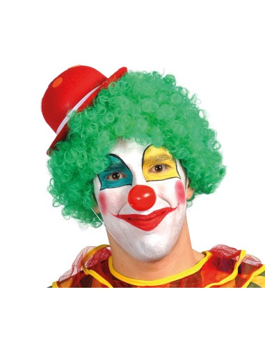 Due clown con mini bombette colorate in feltro, parrucche verdi e trucco colorato per feste