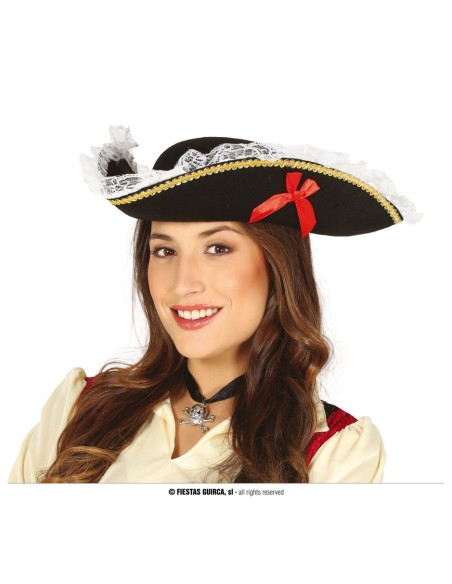 Cappello pirata nero donna con pizzo bianco e decorazioni dorate per costume piratessa
