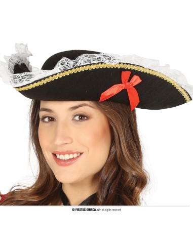 Cappello pirata nero donna con pizzo bianco e decorazioni dorate per costume piratessa