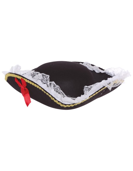 Cappello pirata nero donna con pizzo bianco e decorazioni dorate per costume piratessa