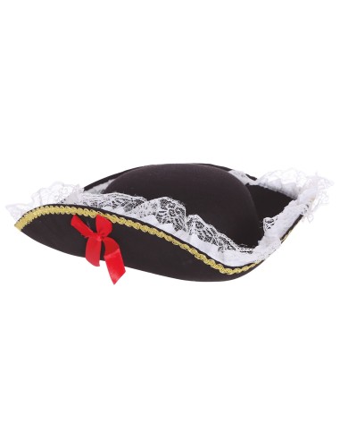Cappello pirata nero donna con pizzo bianco e decorazioni dorate per costume piratessa