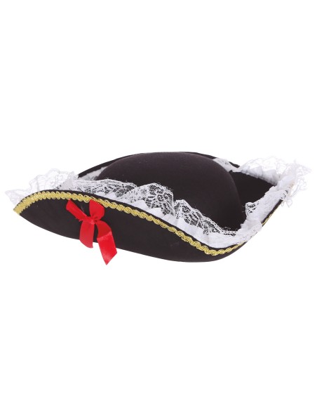 Cappello pirata nero donna con pizzo bianco e decorazioni dorate per costume piratessa