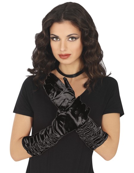 Guanti drappeggiati neri lunghi 40 cm in tessuto satinato con effetto arricciato sui polsi per costume elegante