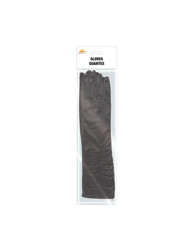 Guanti drappeggiati neri lunghi 40 cm in tessuto satinato con effetto arricciato sui polsi per costume elegante