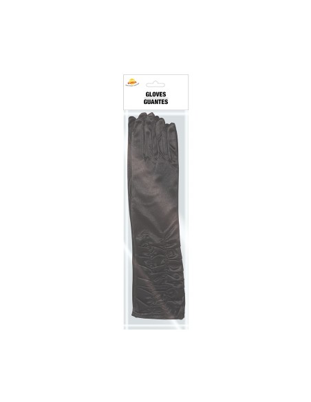 Guanti drappeggiati neri lunghi 40 cm in tessuto satinato con effetto arricciato sui polsi per costume elegante