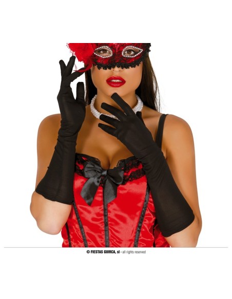 Guanti neri lunghi 40cm indossati da donna con corsetto rosso e maschera per feste eleganti