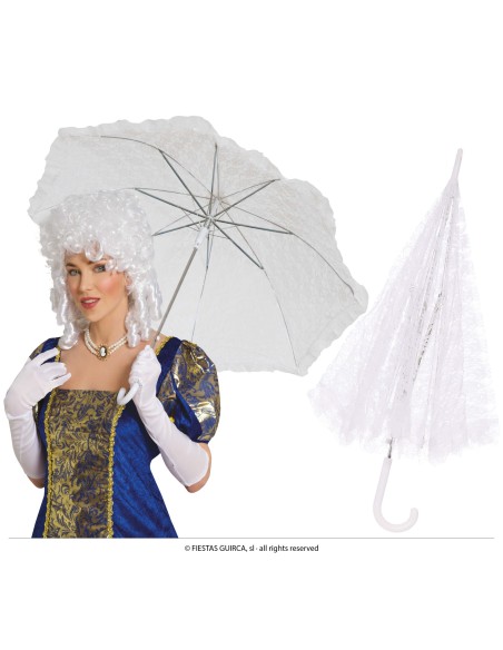 Ombrellino bianco in pizzo per costume d'epoca vittoriano con donna in abito storico blu e parrucca bianca