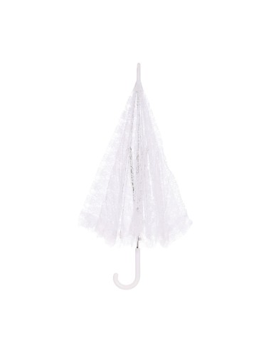 Ombrellino bianco in pizzo per costume d'epoca vittoriano con donna in abito storico blu e parrucca bianca