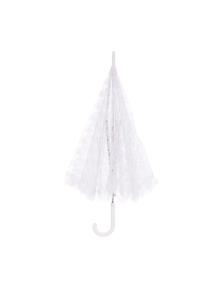 Ombrellino bianco in pizzo per costume d'epoca vittoriano con donna in abito storico blu e parrucca bianca