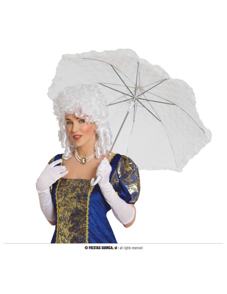 Ombrellino bianco in pizzo per costume d'epoca vittoriano con donna in abito storico blu e parrucca bianca
