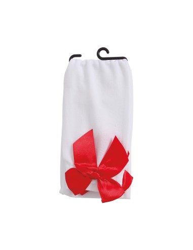 Calze autoreggenti bianche con fiocchi rossi indossate su gambe femminili per costume sexy vintage