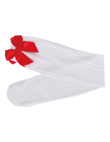 Calze autoreggenti bianche con fiocchi rossi indossate su gambe femminili per costume sexy vintage