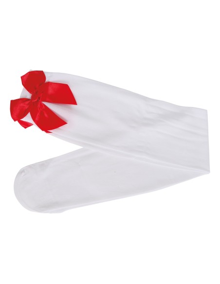 Calze autoreggenti bianche con fiocchi rossi indossate su gambe femminili per costume sexy vintage