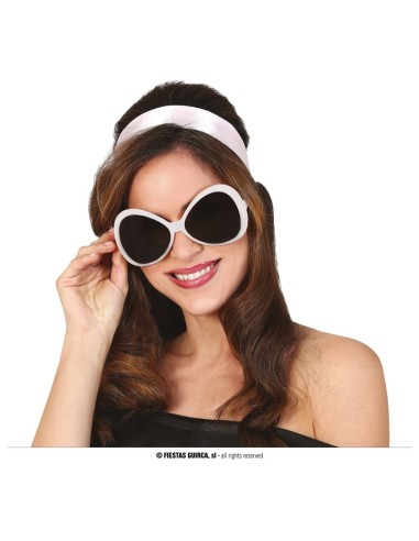 Occhiali da sole bianchi anni 70 con lenti scure per costumi vintage retrò