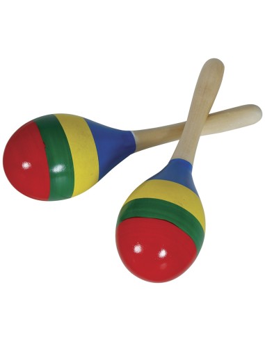 Maracas multicolore in legno con strisce rosse, verdi, gialle e blu per feste e Carnevale