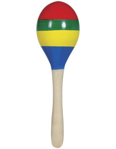 Maracas multicolore in legno con strisce rosse, verdi, gialle e blu per feste e Carnevale
