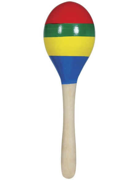 Maracas multicolore in legno con strisce rosse, verdi, gialle e blu per feste e Carnevale