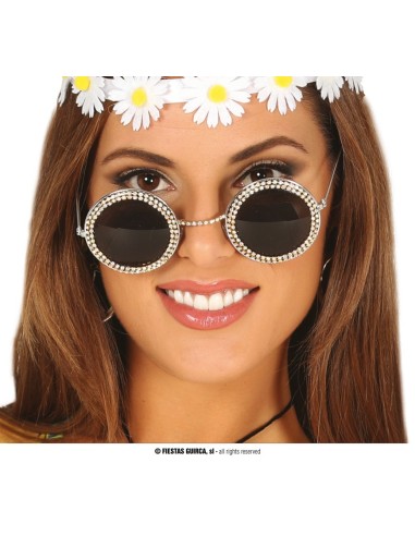 Occhiali rotondi con brillanti decorativi stile anni 60 hippie per feste a tema