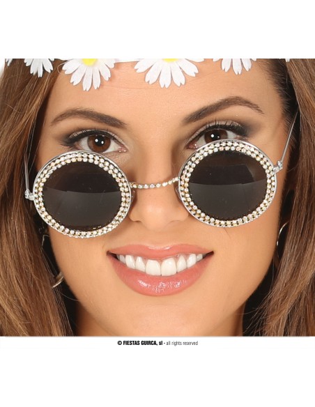 Occhiali rotondi con brillanti decorativi stile anni 60 hippie per feste a tema