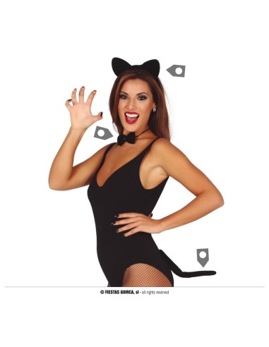 Donna con costume da gattina nero, orecchie feline e collare per feste a tema Halloween
