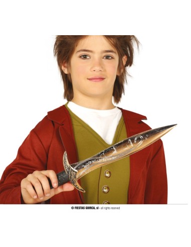 Bambino con daga medievale 39cm e costume da cavaliere rosso e verde per travestimenti