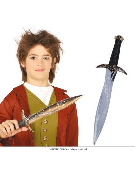 Bambino con daga medievale 39cm e costume da cavaliere rosso e verde per travestimenti