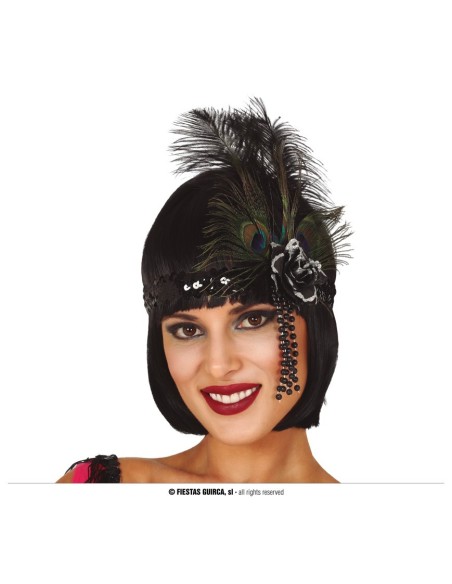 Fascia anni Venti nera con paillettes e piume per costume Charleston donna vintage