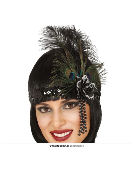 Fascia anni Venti nera con paillettes e piume per costume Charleston donna vintage