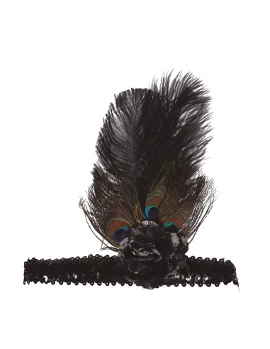 Fascia anni Venti nera con paillettes e piume per costume Charleston donna vintage