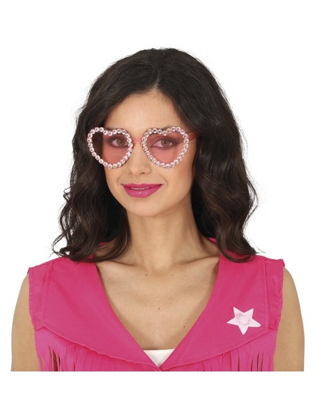 Occhiali a cuore rosa con strass brillanti indossati da donna per costume anni 70