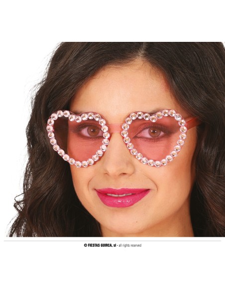 Occhiali a cuore rosa con strass brillanti indossati da donna per costume anni 70