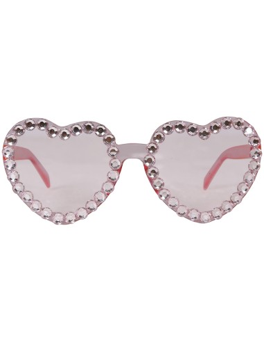 Occhiali a cuore rosa con strass brillanti indossati da donna per costume anni 70