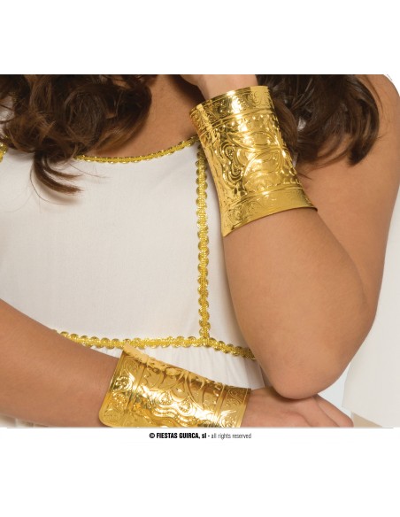 Coppia bracciali dorati metallici decorati per costumi storici antichi dea greca romana