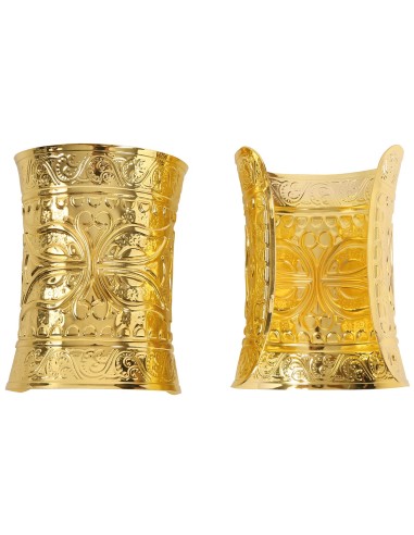 Coppia bracciali dorati metallici decorati per costumi storici antichi dea greca romana