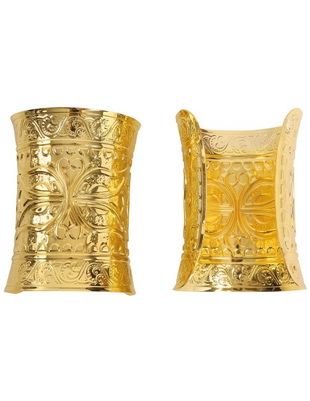 Coppia bracciali dorati metallici decorati per costumi storici antichi dea greca romana