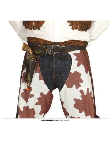 Cinturone cowboy marrone con fondina nera e pistola dorata per costume western