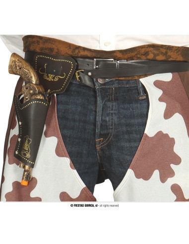 Cinturone cowboy marrone con fondina nera e pistola dorata per costume western
