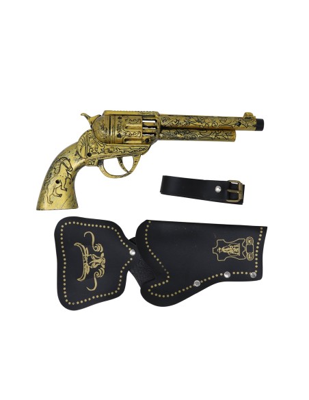 Cinturone cowboy marrone con fondina nera e pistola dorata per costume western