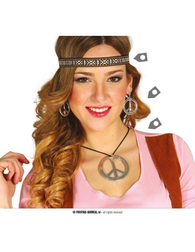 Set accessori hippie con fascia etnica, collana simbolo pace e orecchini piume per costume anni 70