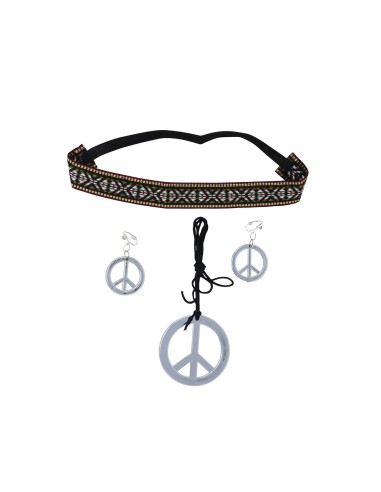 Set accessori hippie con fascia etnica, collana simbolo pace e orecchini piume per costume anni 70